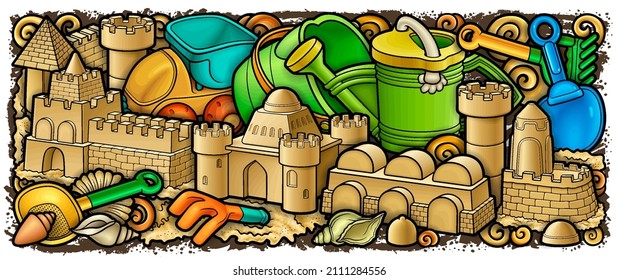 Cartoon cute doodles hand drawn summer beach children's entertainment illustration. Many toys objects vector background. Funny outdoor games artwork.