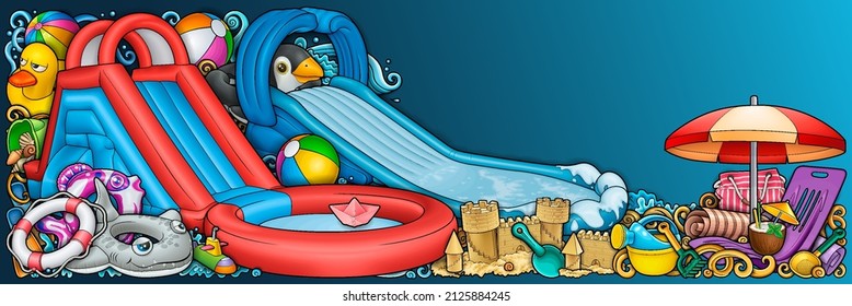 Cartoon cute doodles hand drawn summer beach children's entertainment illustration. Many toys objects vector background. Funny outdoor games artwork.