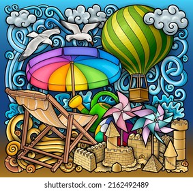 Cartoon süße Doodles handgezeichnete Sommer Strand-Kinder Unterhaltung Illustration. Viele Spielzeugobjekte, Vektorhintergrund. Schöne Spielkunst im Freien.