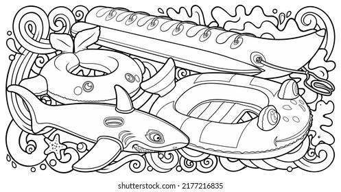 Cartoon cute doodles hand drawn summer beach children's entertainment illustration. Inflatable rings, air mattress vector background. Funny sketchy outdoor games artwork.