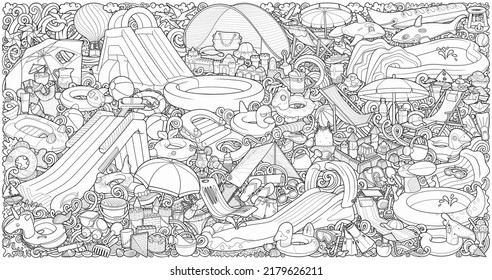 Cartoon cute doodles hand drawn summer beach children's entertainment illustration. Many toys, amusement objects vector background. Funny colorful outdoor games artwork.