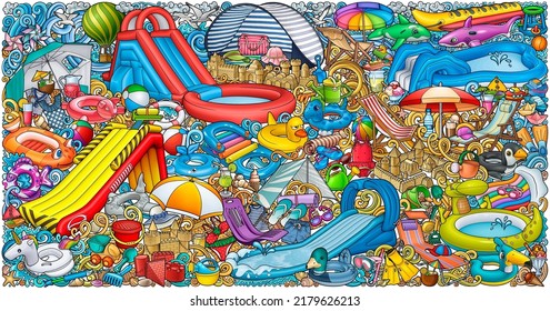 Caricatura lindo garabatos dibujados a mano ilustraciones de entretenimiento para niños de la playa de verano. Muchos juguetes, objetos de diversión fondo vectorial. Divertidos juegos al aire libre.