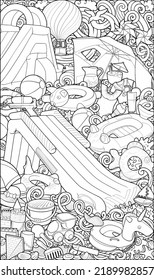Cartoon cute doodles hand drawn summer beach children's entertainment illustration. Many toys objects vector background. Sketchy outdoor games artwork.