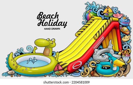 Cartoon cute doodles hand drawn summer beach children's entertainment illustration. Many toys objects vector background. Funny outdoor games artwork.