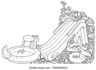 Cartoon cute doodles hand drawn summer beach children's entertainment illustration. Many toys objects vector background. Funny outdoor games artwork.