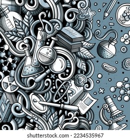 Cartoon cute doodles hand drawn Science frame design. Line art detailed, with lots of objects background. Funny vector illustration. Monochrome border with scientific theme items