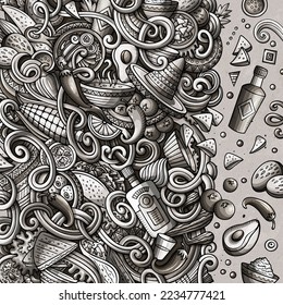 Cartoon cute doodles hand drawn Mexican food frame design. Monochrome detailed, with lots of objects background. Funny vector illustration. Graphics border with latin american cusine theme items
