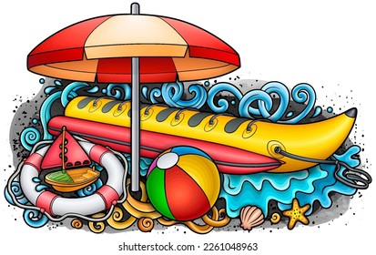 Cartoon cute doodles hand drawn summer beach children's entertainment illustration. Many toys objects vector background. Funny outdoor games artwork.