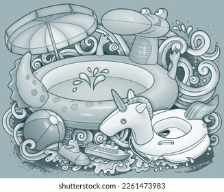 Cartoon cute doodles hand drawn summer beach children's entertainment illustration. Many toys objects vector background. Funny outdoor games artwork.