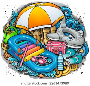 Cartoon cute doodles hand drawn summer beach children's entertainment illustration. Many toys objects vector background. Funny outdoor games artwork.