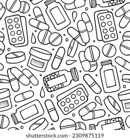 Cartoon cute doodles hand drawn Medicine seamless pattern. Colorful detailed, with lots of objects background. Endless funny vector illustration. All objects separate.