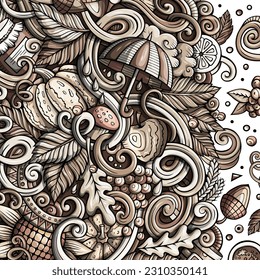 Cartoon cute doodles hand drawn Autumn frame design. Monochrome detailed, with lots of objects background. Funny vector illustration. Graphic border with Fall theme items