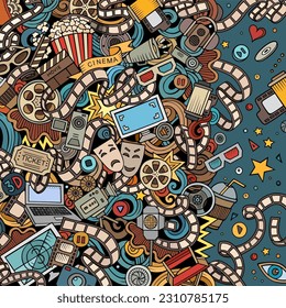 Cartoon cute doodles hand drawn cinema frame design. Colorful detailed, with lots of objects background. Funny vector illustration. Bright colors border with movie theme items