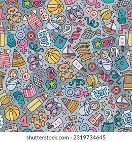 Cartoon cute doodles hand drawn Baby seamless pattern. Colorful detailed, with lots of objects background. Endless funny vector illustration