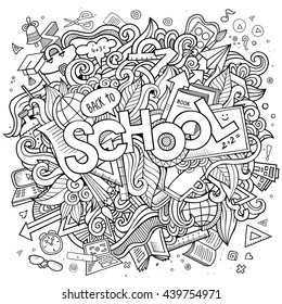 Cartoon cute doodles hand drawn school illustration. Sketchy picture with education theme items. Doodle inscription School.
Line art detailed, with lots of objects background. Funny vector artwork. 
