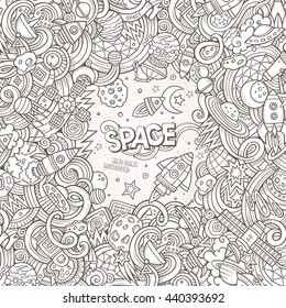 Cartoon cute doodles hand drawn space illustration. Line art detailed, with lots of objects background. Funny vector artwork. Sketch picture with cosmic theme items. Square composition