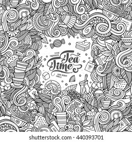 Cartoon cute doodles hand drawn teatime illustration. Line art detailed, with lots of objects background. Funny vector artwork. Sketch picture with tea time theme items. Square composition
