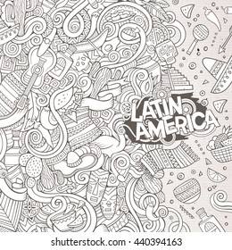 Cartoon cute doodles hand drawn latinamerican frame design. Line art detailed, with lots of objects background. Funny vector illustration. Sketchy border with Latin America theme items
