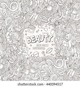 Cartoon cute doodles hand drawn cosmetics frame design. Line art detailed, with lots of objects background. Funny vector illustration. Sketchy border with beauty theme items