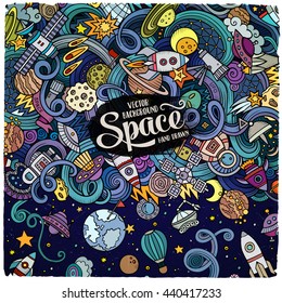 Cartoon cute doodles hand drawn space illustration. Colorful detailed, with lots of objects background. Funny vector artwork. Picture with cosmic theme items. Square composition