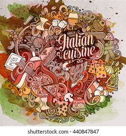 Cartoon cute doodles hand drawn italian food illustration. Line art paint detailed, with lots of objects background. Funny vector artwork. Watercolor with Italy cuisine theme items. 
