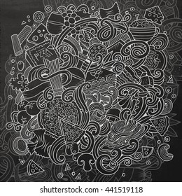 Cartoon cute doodles hand drawn italian food illustration. Line art detailed, with lots of objects background. Funny vector artwork. Chalkboard with Italy cuisine theme items.