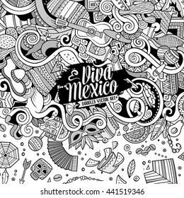 Cartoon cute doodles hand drawn latinamerican frame design. Line art detailed, with lots of objects background. Funny vector illustration. Sketchy border with Latin America theme items