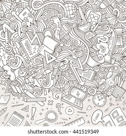 Cartoon cute doodles hand drawn school frame design. Line art detailed, with lots of objects background. Funny vector illustration. Sketched border with education theme items