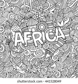 Cartoon cute doodles hand drawn african illustration. Sketchy picture with doodle inscription Africa
Line art detailed, with lots of objects background. Funny vector artwork.