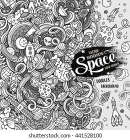 Cartoon cute doodles hand drawn space illustration. Line art detailed, with lots of objects background. Funny vector artwork. Sketch picture with cosmic theme items. Square composition