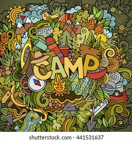 Cartoon cute doodles hand drawn illustration. Bright colors picture with camping theme items. Doodle inscription Camp
Colorful detailed, with lots of objects background. Funny vector artwork.