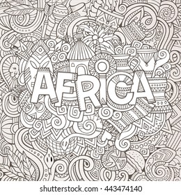 Cartoon cute doodles hand drawn african illustration. Sketchy picture with doodle inscription Africa
