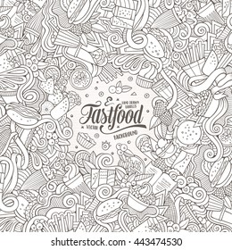 Cartoon cute doodles hand drawn food frame design. Line art detailed, with lots of objects background. Funny vector illustration. Sketchy border with fastfood theme items