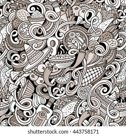 Cartoon cute doodles hand drawn mexican food seamless pattern. Contour detailed, with lots of objects background. Endless funny vector illustration. Line art backdrop.