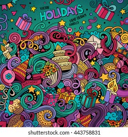 Cartoon cute doodles hand drawn holidays frame design. Colorful detailed, with lots of objects background. Funny vector illustration. Bright colors border with birthday theme items