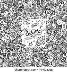 Cartoon cute doodles hand drawn space illustration. Line art detailed, with lots of objects background. Funny vector artwork. Sketch picture with cosmic theme items. Square composition