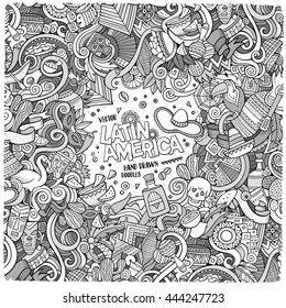Cartoon cute doodles hand drawn latin american frame design. Line art detailed, with lots of objects background. Funny vector illustration. Sketchy border with Latin America theme items