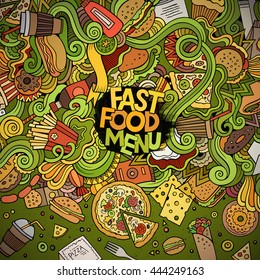 Cartoon cute doodles hand drawn fast food frame design. Colorful detailed, with lots of objects background. Funny vector illustration. Bright colors border with fastfood theme items