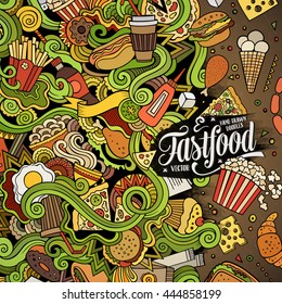Cartoon cute doodles hand drawn fast food frame design. Colorful detailed, with lots of objects background. Funny vector illustration. Bright colors border with fastfood theme items