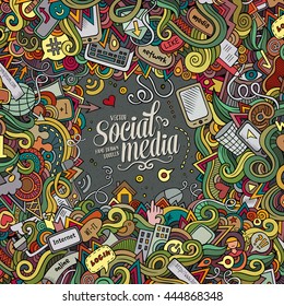 Cartoon cute doodles hand drawn internet illustration. Detailed, with lots of objects background. Funny vector artwork. Colorful picture with social media theme items. Square composition