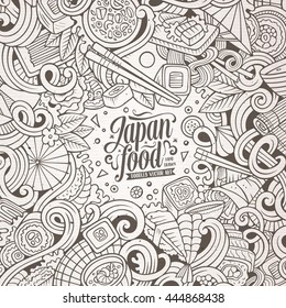 Cartoon cute doodles hand drawn Japan food illustration. Line art detailed, with lots of objects background. Funny vector artwork. Sketch picture with japanese cuisine theme items. Square composition