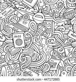 Cartoon cute doodles hand drawn travel planning seamless pattern. Contour detailed, with lots of objects background. Endless funny vector illustration. Line art backdrop.