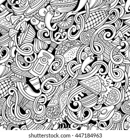Cartoon cute doodles hand drawn mexican food seamless pattern. Contour detailed, with lots of objects background. Endless funny vector illustration. Line art backdrop.