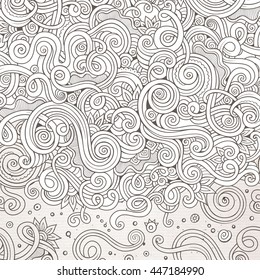 Cartoon cute doodles hand drawn curls frame design. Line art detailed, with lots of objects background. Funny vector illustration. Contour sketchy border with nature abstract swirls theme items