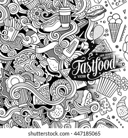 Cartoon cute doodles hand drawn fast food frame design. Line art detailed, with lots of objects background. Funny vector illustration. Sketchy border with fastfood theme items