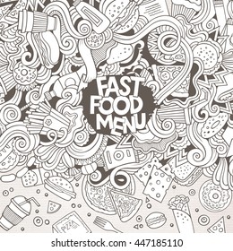 Cartoon cute doodles hand drawn fast food frame design. Line art detailed, with lots of objects background. Funny vector illustration. Sketchy border with fastfood theme items