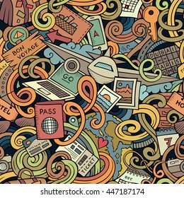 Cartoon cute doodles hand drawn travel planning seamless pattern. Colorful detailed, with lots of objects background. Endless funny vector illustration.