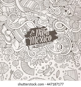 Cartoon cute doodles hand drawn latinamerican frame design. Line art detailed, with lots of objects background. Funny vector illustration. Sketchy border with Latin America theme items