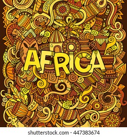 Cartoon cute doodles hand drawn african illustration. Colorful picture with doodle inscription Africa