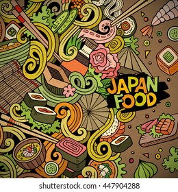 Cartoon cute doodles hand drawn Japan food illustration. Colorful detailed, with lots of objects background. Funny vector artwork. Picture with japanese cuisine theme items